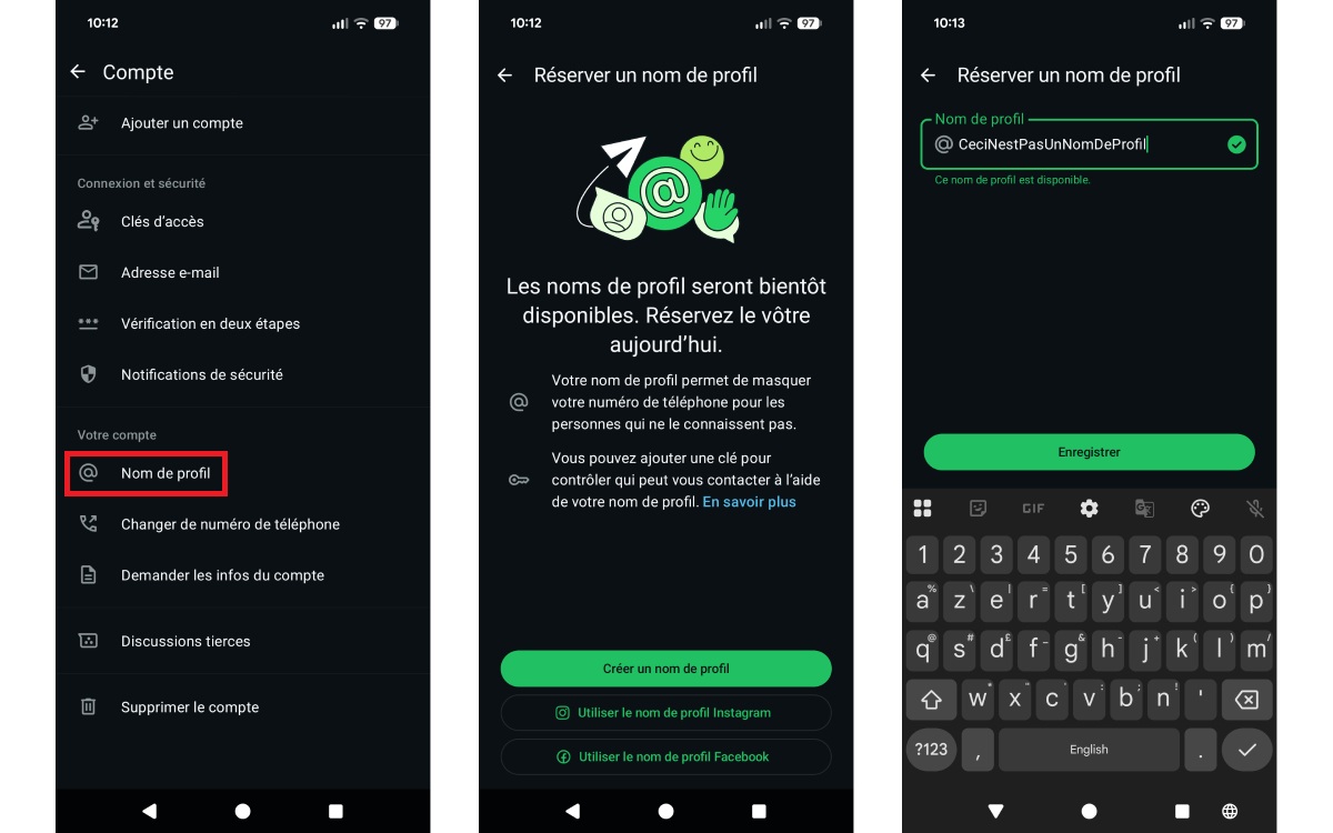 WhatsApp réserver nom de profil
