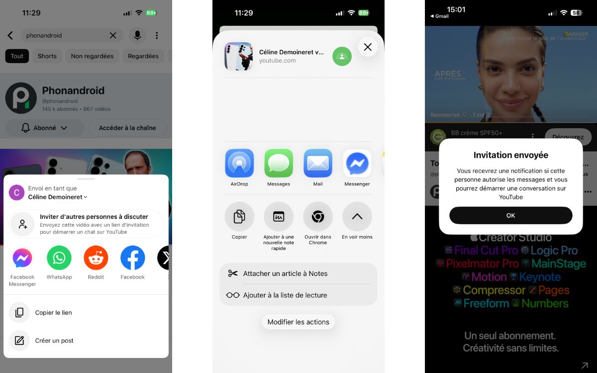 YouTube messagerie directe chat partage vidéo Short 2