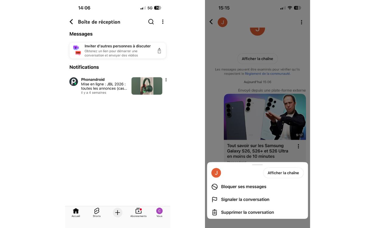 YouTube messagerie directe chat partage vidéo Short 3