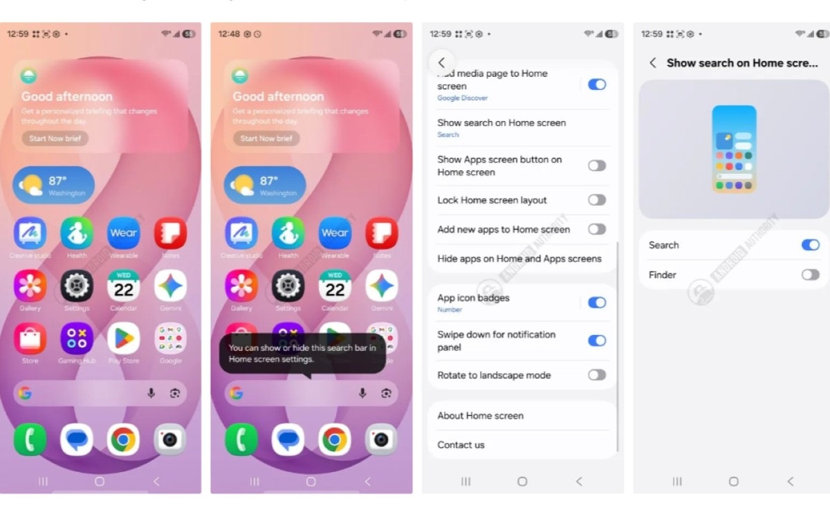 écran d'accueil option Google Finder Samsung Galaxy Z Fold 8 One UI 9