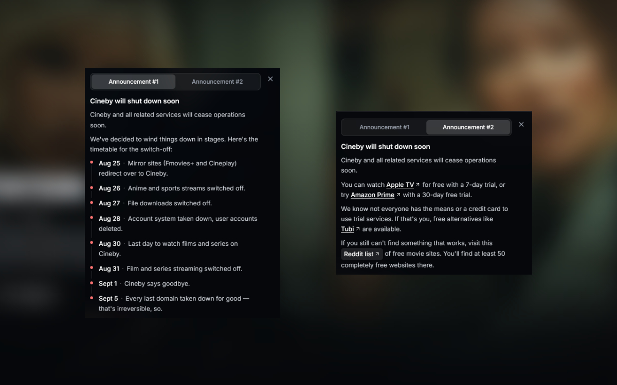 Les annonces du site Cineby concernant sa fermeture progressive
