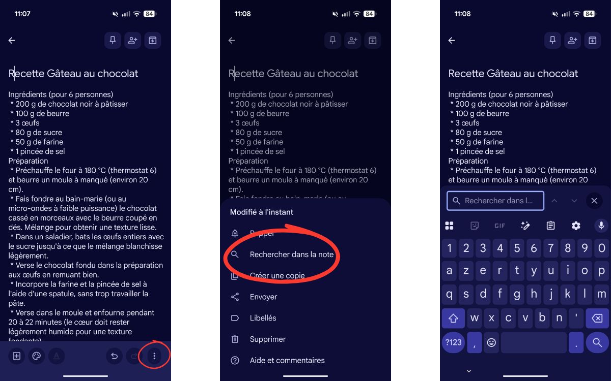 Google Keep Rechercher dans la note