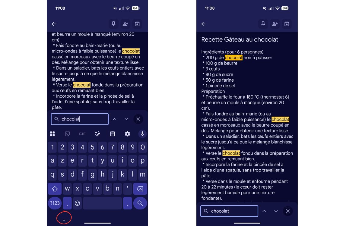Google Keep Rechercher dans la note