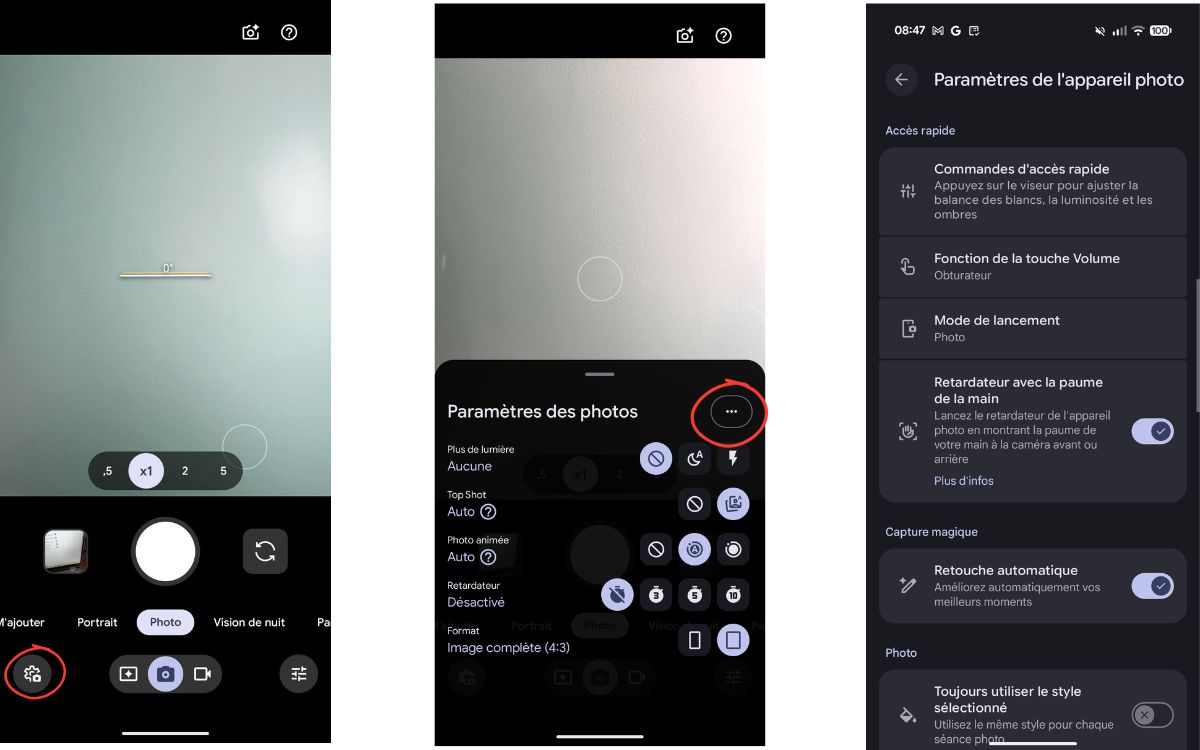 Google Pixel Appareil Photo commandes accès rapide