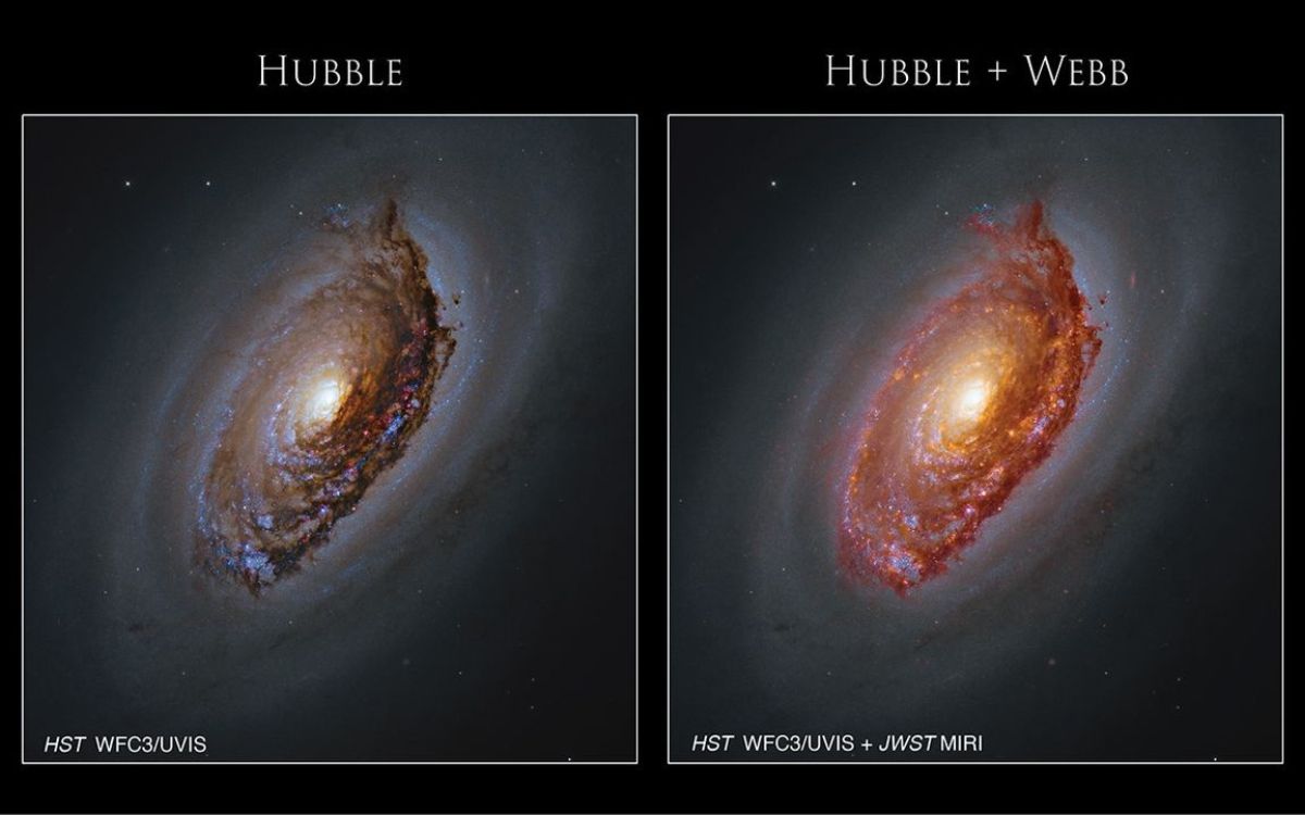 Galaxie de l’Œil noir Hubble et JWST télescope spatial James Webb