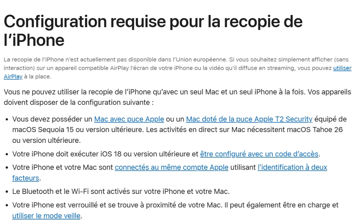 Recopie iPhone pas dispo en Europe