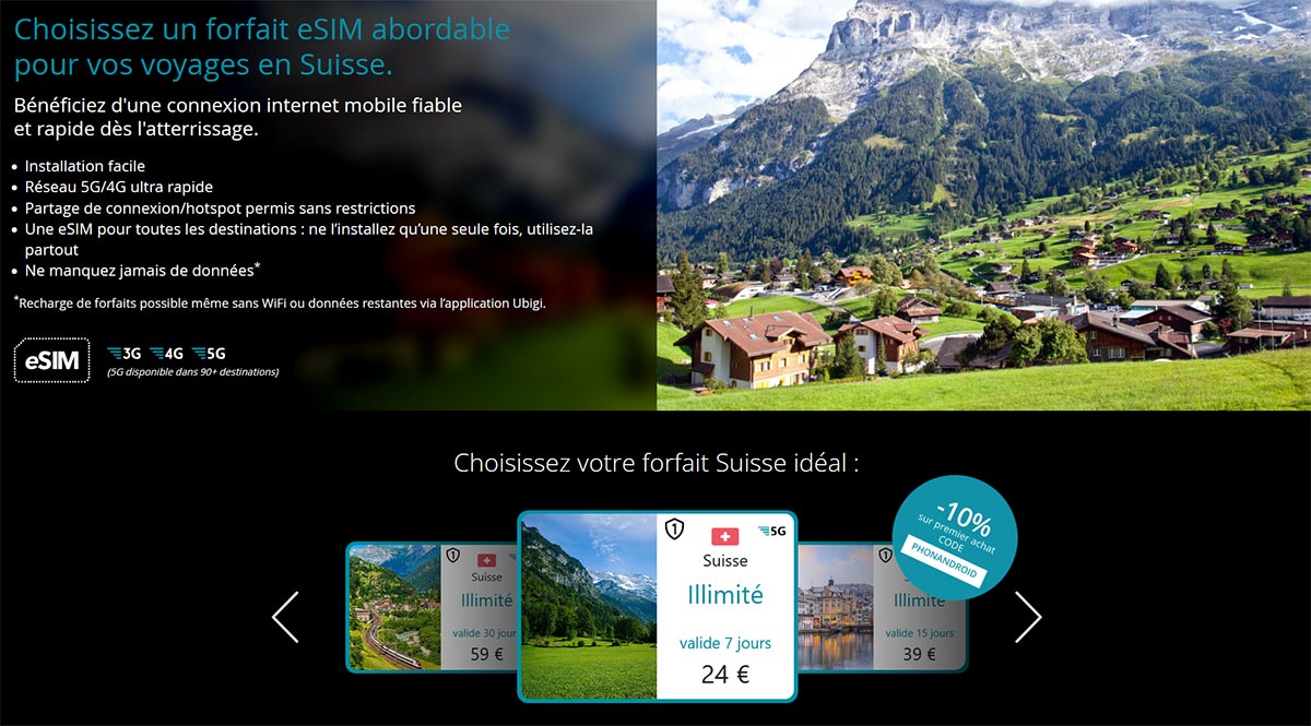 Forfait eSIM Ubigi Suisse