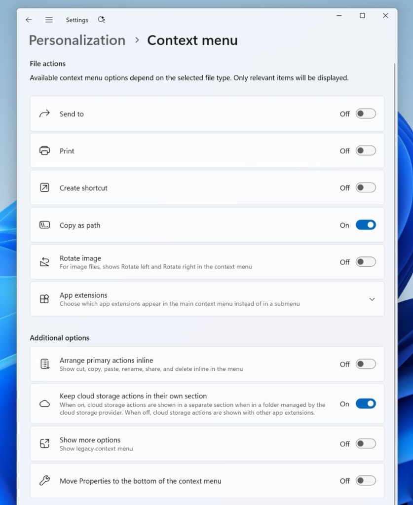 Windows 11 menu contextuel