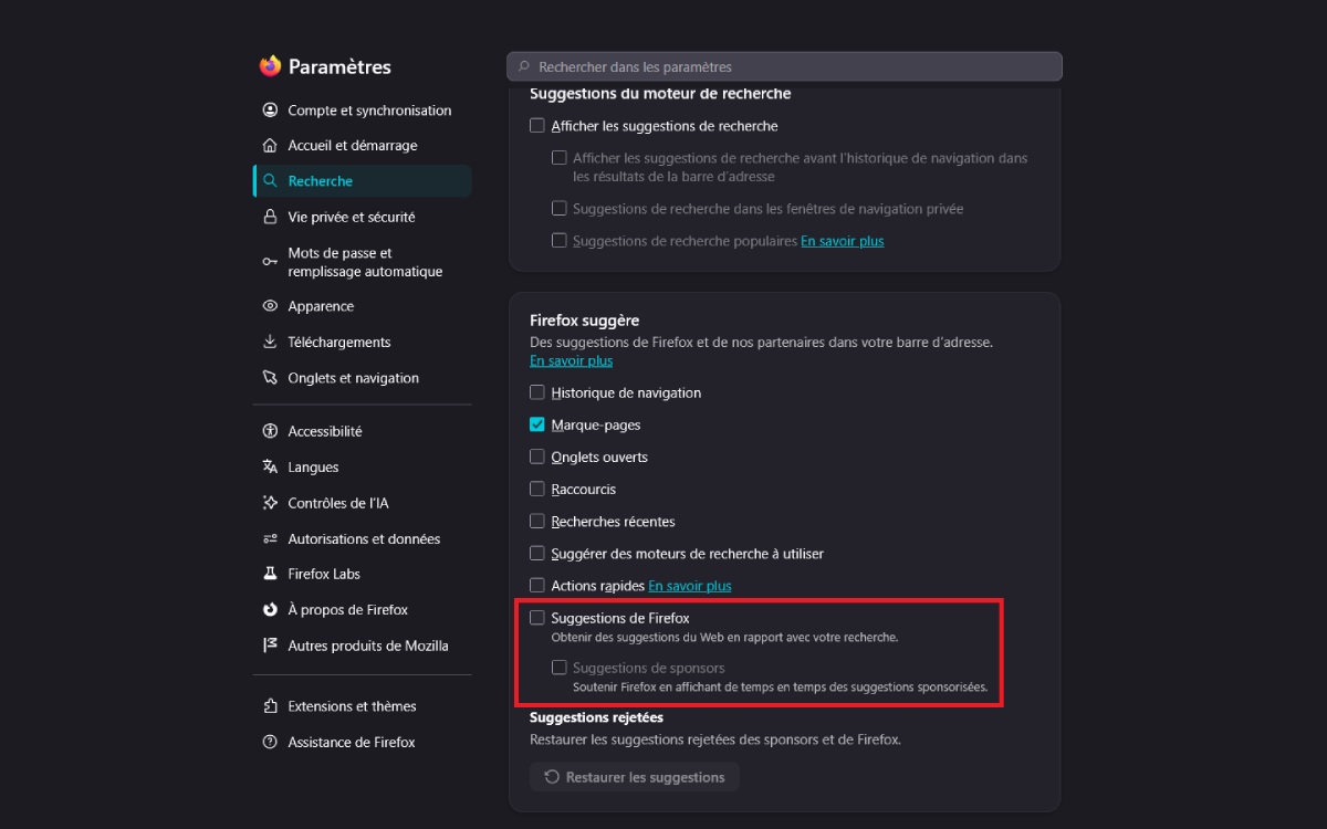 Firefox 156 publicité barre de recherche