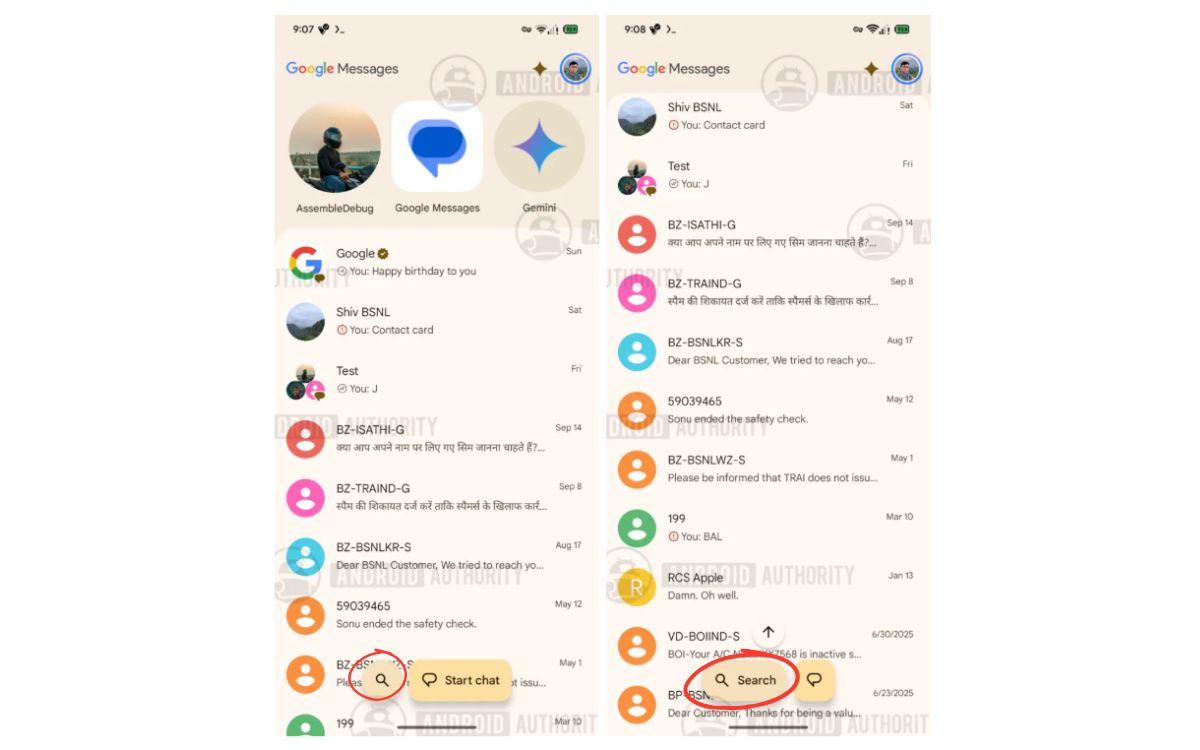 Google Messages refonte interface Recherche 1