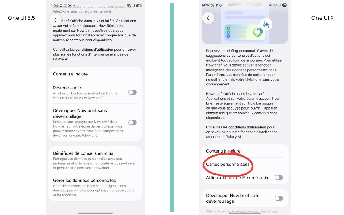 One UI 8.5 VS One UI 9 Now brief cartes personnalisées