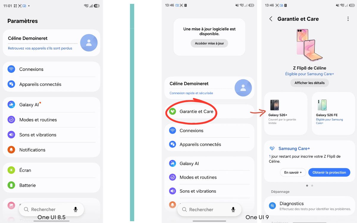 One UI 8.5 VS One UI 9 Paramètres nouvelle section Garantie et Care