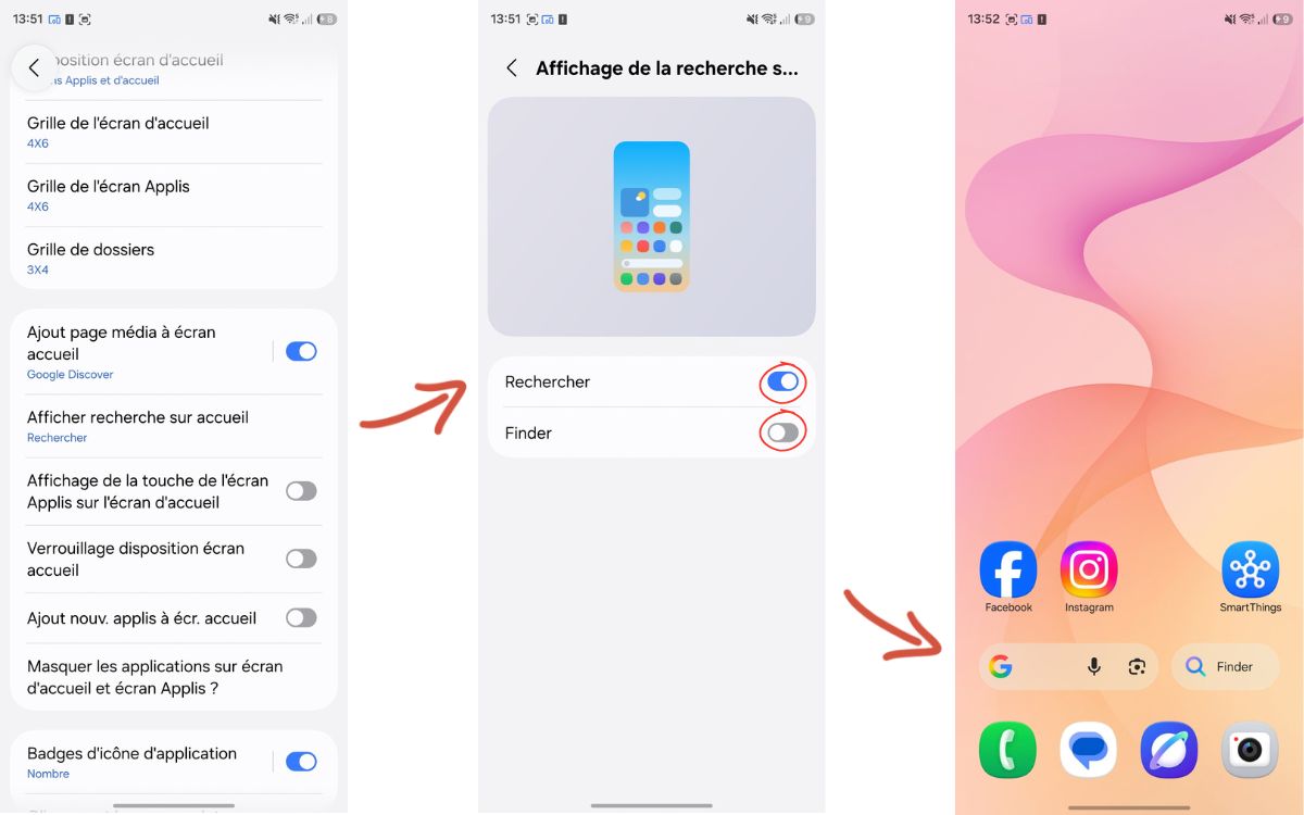 One UI 9 écran d'accueil recherche Google et Finder