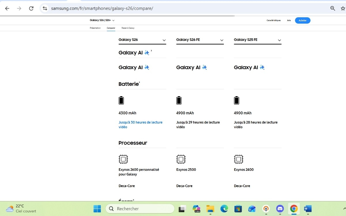 Samsung Galaxy S26 S25 FE batterie autonomie