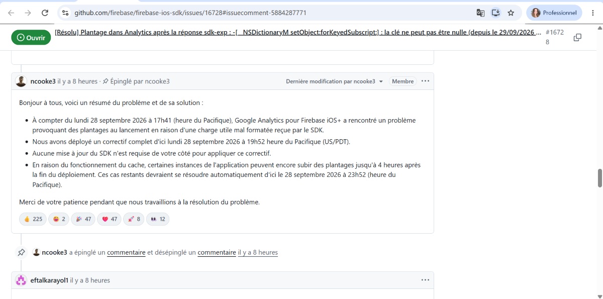 iPhone iOS bug Firebase SDK Google Analytics plantage milliers applications