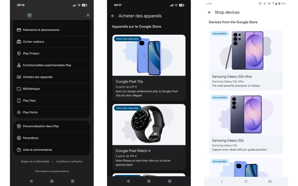 Achat Google Pixel et Samsung Galaxy Play Store