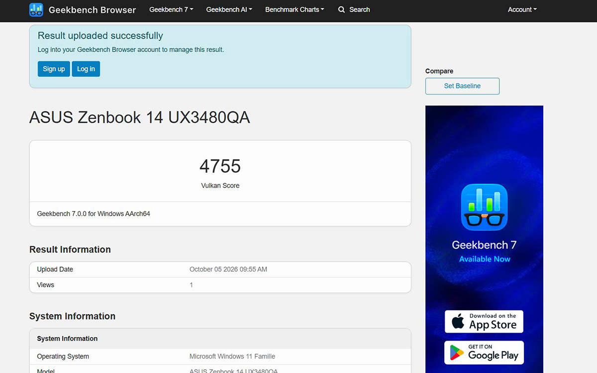 Asus Zenbook UX3480 (2026) geekbench vulkan