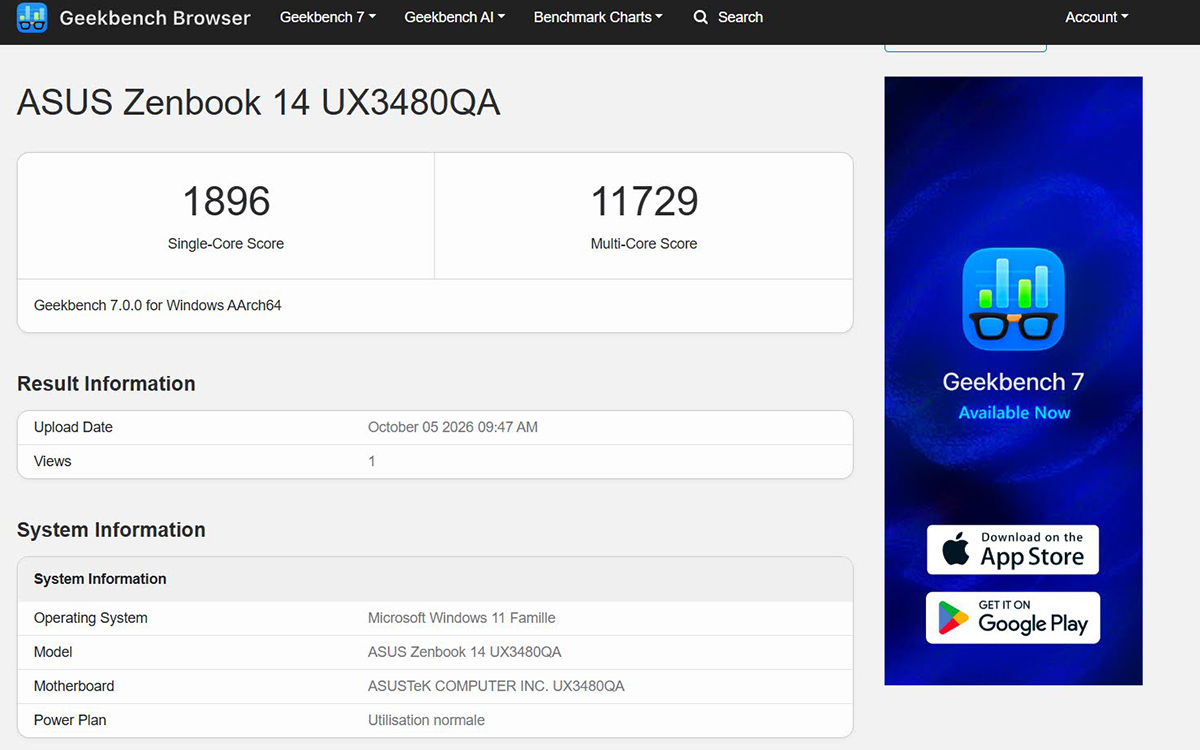 Asus Zenbook UX3480 (2026) geekbench