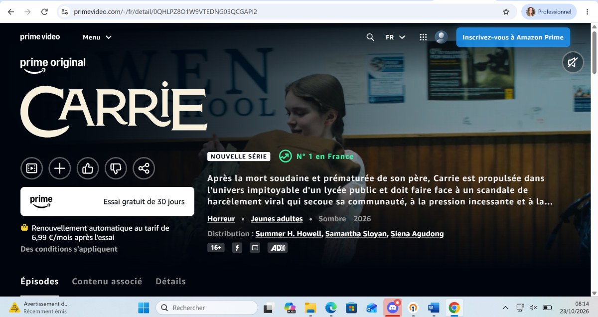 Carrie Amazon Prime Video Stephen King Mike Flanagan numéro 1